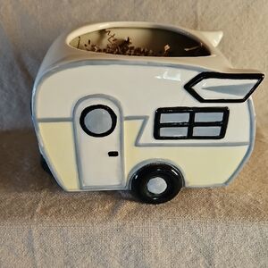 Ceramic Retro Camper Trailer Planter| Yellow and White